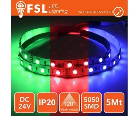 Striscia LED 5050 - 5Metri 12W 1100Lm RGB 24V IP20 60led